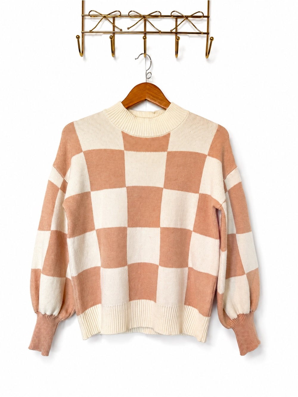 Checkerboard Crewneck Sweater - Blush & Cream